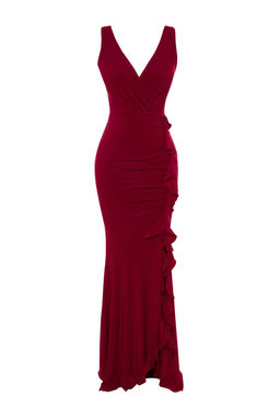 TRENDYOLMILLA Bordo Vucuda Oturan Astarl? Volanl? Orme Uzun S?k Abiye Elbise TPRSS19UT0026  фото 7