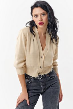 Джемпер с имитацией застежки вязаный из хлопка светло-бежевый