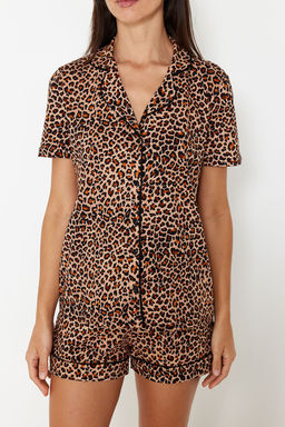Trendyolmilla Kahverengi %100 Pamuklu Leopar Desenli Sortlu Orme Pijama Tak?m? THMSS24PT00392 фото 4