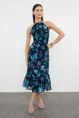Lacivert Cicek Desenli A Kesim Halter Yaka Astarl? Midi Dokuma Elbise TWOSS19LJ0200