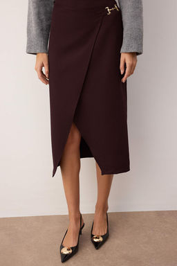 Koyu Kahverengi Aksesuar Detayl? Kruvaze Y?rtmacl? Midi Dokuma Etek TWOAW26ET00080