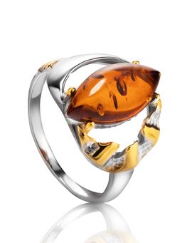 Кольцо из серебра с позолотой, украшенное коньячным янтарём Рапсодия