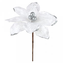 Декоративный цветок "Магнолия" д13см, h25см, для ветки, венка, с ножкой, пластик, бархат, белый (Россия)