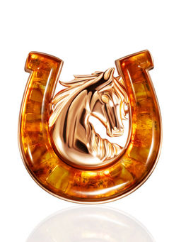 Яркая позолоченная брошь с натуральным янтарём Подкова