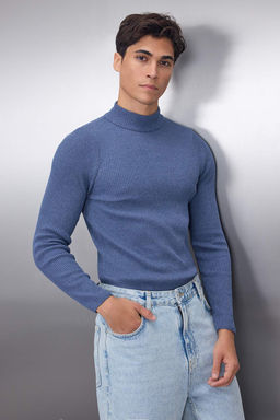 Indigo Fitted Dar Kal?p Pamuklu Yar?m Bal?kc? Yaka Fitilli Triko Kazak TMNAW21KZ0568