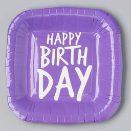 Цена за 10 шт. Тарелка бумажная квадратная Happy Birthday,фиолетовая, 16,5х16,5 см