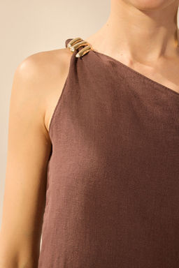 Trendyolmilla Kahverengi %100 Keten Tek Kol Midi Elbise TWOSS25EL00616 фото 3