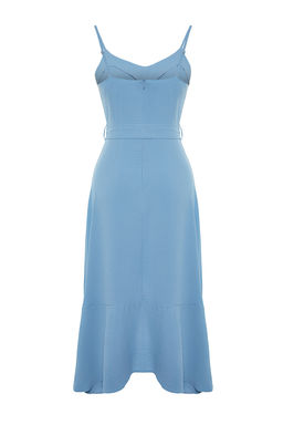 Indigo Kusakl? A-Kesim Volanl?Dugme Detayl? Dokuma Maxi Elbise TWOSS23EL02271