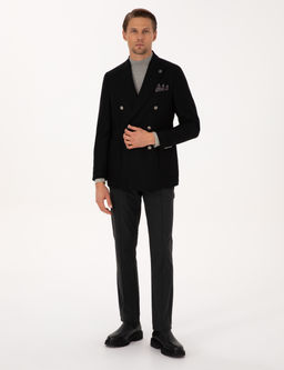 Siyah Ex. Slim Fit Y_n Kar___ml_ Kruvaze Ceket