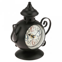 Часы настольные интерьерные "Чайник" 13,5х8х16см, мягкий ход, циферблат с рисунком, бежевый; цифры арабские, черный; выпуклое стекло; элементы металл, корпус пластик, черный матовый; в коробке (Китай)