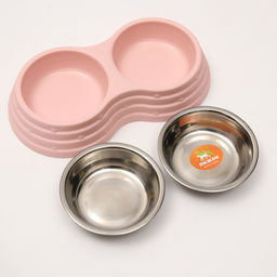 Миска металлическая двойная на пластиковом основании 2 х 160 мл, 25 х 14 х 5 см, розовая - Пижон фото 4