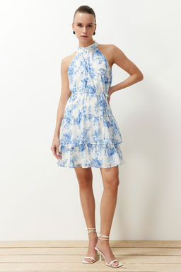 Beyaz Cicek Desenli A-Kesim Boho Kat Kat Astarl? Sifon Ucus Ucus Dokuma Mini Elbise TWOSS23EL02056