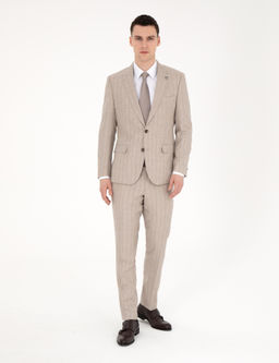 Bej Slim Fit Y_n Keten Kar___ml_ _izgili Tak_m Elbise