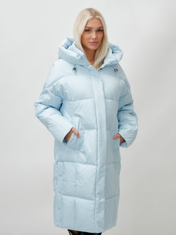 Пальто летучая мышь женское с капюшоном зимнее голубого цвета 9619Gl