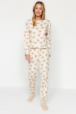 Krem %100 Pamuklu Kalpli Tshirt-Jogger Orme Pijama Tak?m? THMAW24PT00116