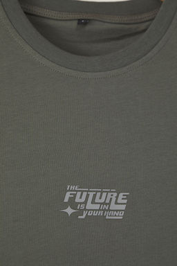 Gri Oversize/Genis Kesim Kabar?k Yaz? Bask?l? Etiketli S?f?r Kol T-Shirt/Atlet TMNSS24AL00005