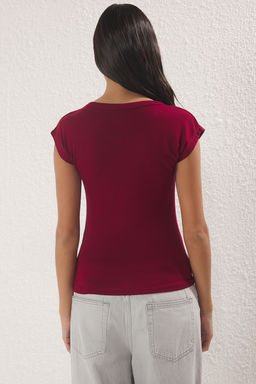 Bordo Premium Viskoz/Yumusak Kumas Fitted/Vucuda Oturan Ay Kol Esnek Orme Bluz TWOSS23BZ00992