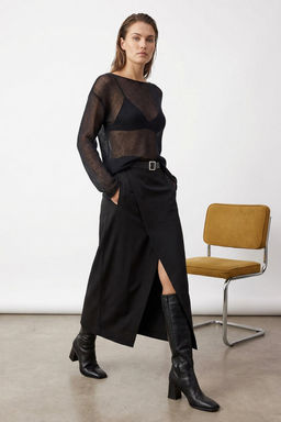 Siyah Kemerli Onde Y?rtmacl? Maxi Uzun Boy Dokuma Etek TWOAW25ET00082