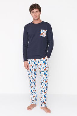 TRENDYOL MAN Cok Renkli Regular Fit Bask?l? %100 Pamuk Pijama Tak?m? TMNAW22PT1072