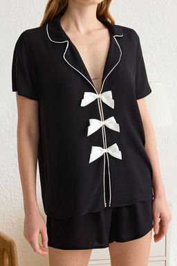 Trendyolmilla Beyaz Kurdele/Fiyonk ve Biye Detayl? Viskon Sortlu Dokuma Pijama Tak?m? THMSS24PT00290 фото 3