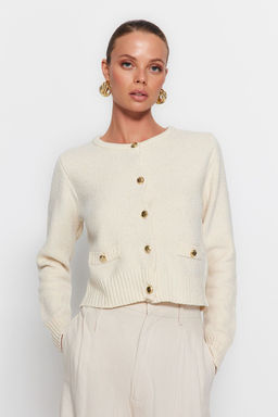 Ekru Crop Premium Iplik/Ozel Iplik Cep Detayl? Triko H?rka TWOAW24HI00051