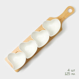 Соусники BellaTenero «Сердце», 125 мл, на бамбуковой подставке, набор 3 шт., керамика, белые