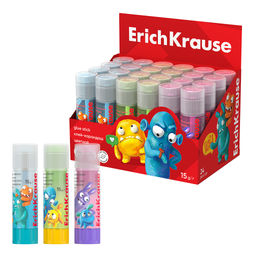 Цена за 24 шт. Клей-карандаш ErichKrause EasyStick Jolly Friends, 15г, цветной (в коробке-дисплее по 24 шт.)