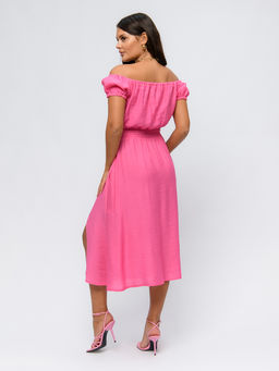 Платье розовое длины миди с открытыми плечами и разрезом на юбке - 1001dress фото 4