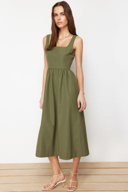 Haki Belden Ac?lan Midi Korse Dikis Detayl? Midi Dokuma Elbise TWOSS24EL00038