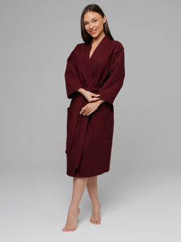 Женский укороченный вафельный халат с планкой темно-бордовый В-11 (122)