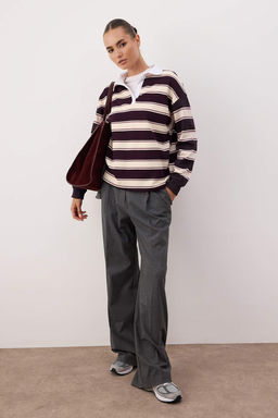 Cok Renkli Cizgili Polo Yaka Oversize/Genis Kal?p Orme Sweatshirt TWOAW26SW00245 - Trendyolmilla фото 2