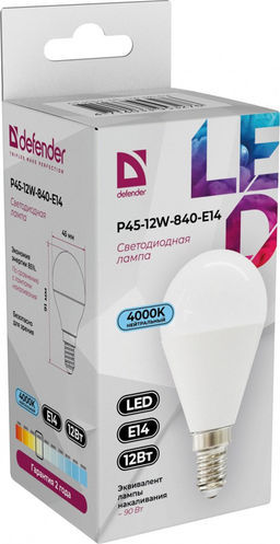 Лампа светодиодная, E14, P45, 12Вт, 4000К "Defender" нейтральный белый свет, шар