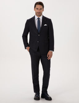 Koyu Lacivert Slim Fit Y_n Kar___ml_ Mikro Desenli Tak_m Elbise