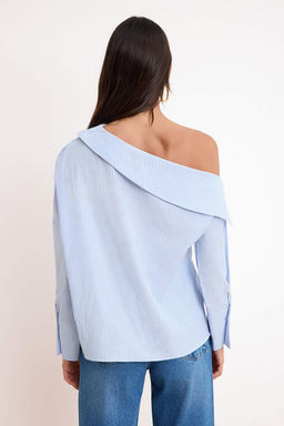 Mavi Cizgili Asimetrik Yaka Dokuma Bluz TWOSS26BZ00666