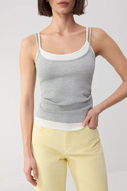 Wardrobe Essentials-Gri Melanj Renk Bloklu Fitted/Vucuda Oturan Esnek Orme Atlet TWOSS26AL00008