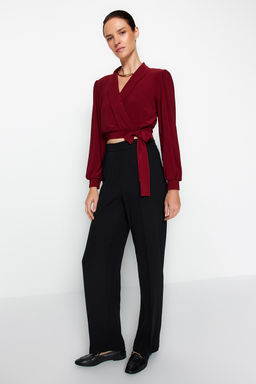 Bordo Kruvaze Kapamal? Crop Esnek Orme Bluz TWOAW24BZ00071
