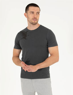 Siyah Slim Fit Kartal Bask_l_ Bisiklet Yaka Ti__rt