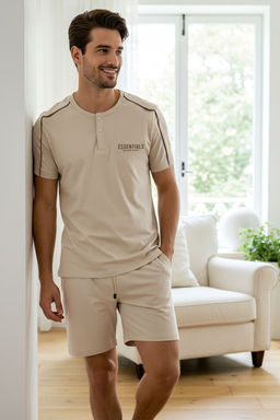 TRENDYOL MAN Bej Regular Fit Dugmeli Pat Biyeli Orme Sortlu Pijama Tak?m? TMNSS25PT00005
