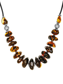 Стильное колье Шайбы крупные из натурального тёмного янтаря на силиконовом шнурке