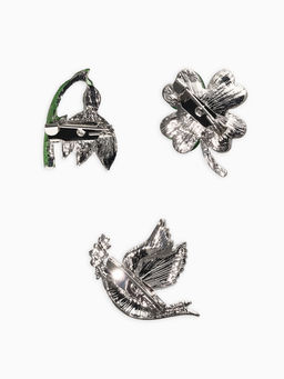 Броши "Голубь, клевер, подснежник" (набор 3шт), цветной в серебре
