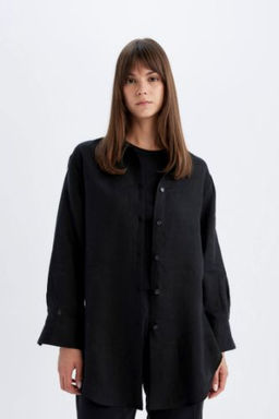 Regular Fit Keten Basic Duz Uzun Kollu Gomlek Tunik