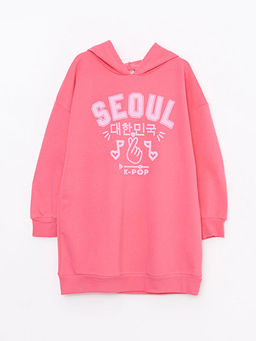 Kap??onlu Bask?l? Uzun Kollu K?z ?ocuk Elbise