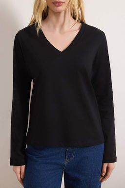 TRENDYOLMILLA Siyah %100 Pamuk Regular/Normal Kal?p Basic V Yaka Uzun Kollu Orme T-Shirt TWOAW21TS0099  фото 19