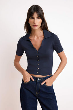 Lacivert-Ekru Ikili Paket Cizgili Basic Bluz TWOSS26BZ00284