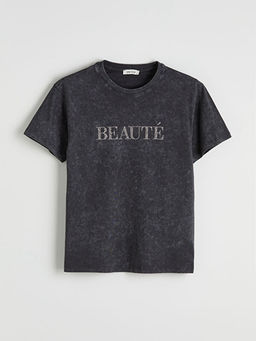 Bisiklet Yaka Ta? Bask?l? Kad?n Ti??rt