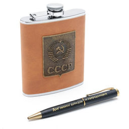 Подарочный набор 2 в 1 СССР: фляжка 210 мл, ручка, коричневый, 14 х 18 см - Simaland фото 2