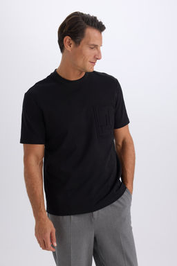 Regular Fit Bisiklet Yaka K_sa Kollu A__r Kuma_ Siyah Ti__rt - Defacto фото 3