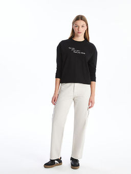 Bisiklet Yaka Uzun Kollu Bask?l? Kad?n Sweatshirt