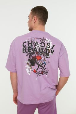 TRENDYOL MAN Lila Oversize Yaz? Bask?l? %100 Pamuklu T-Shirt TMNSS21TS2037