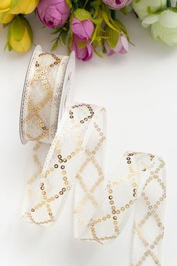 Лента с пайетками 2,5 см*10 ярд (SF-5752) белый/золото №16 - No name фото 2